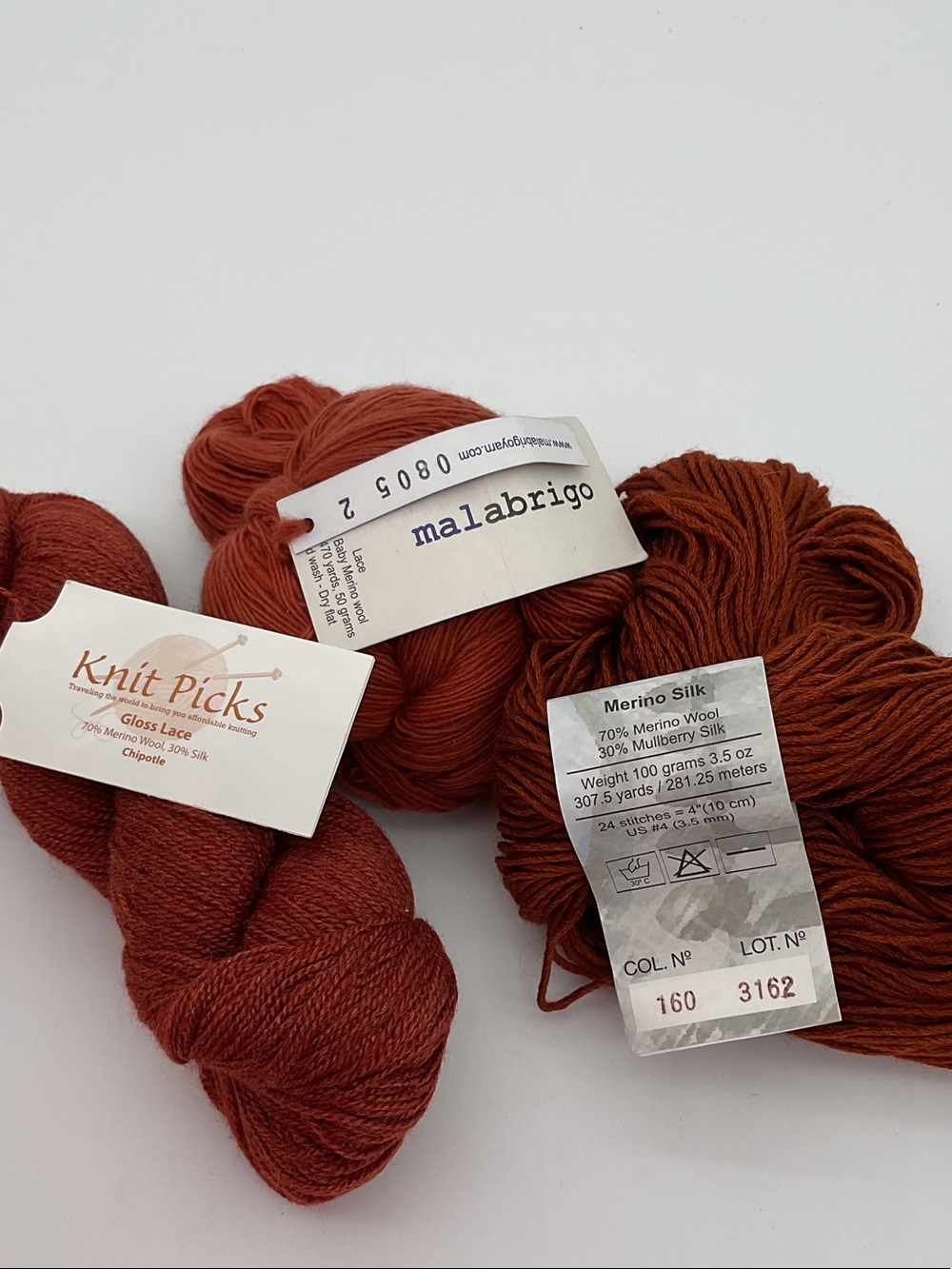 Lot f 3 Hanks of Rust Colored Yarn - 2 Silk/Wool Blend and 1 100% Merino Wool
